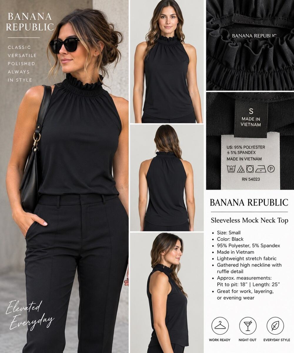 Banana Republic Black Knit High Neck Ruffle Tank Top Women’s S Polyester Spandex